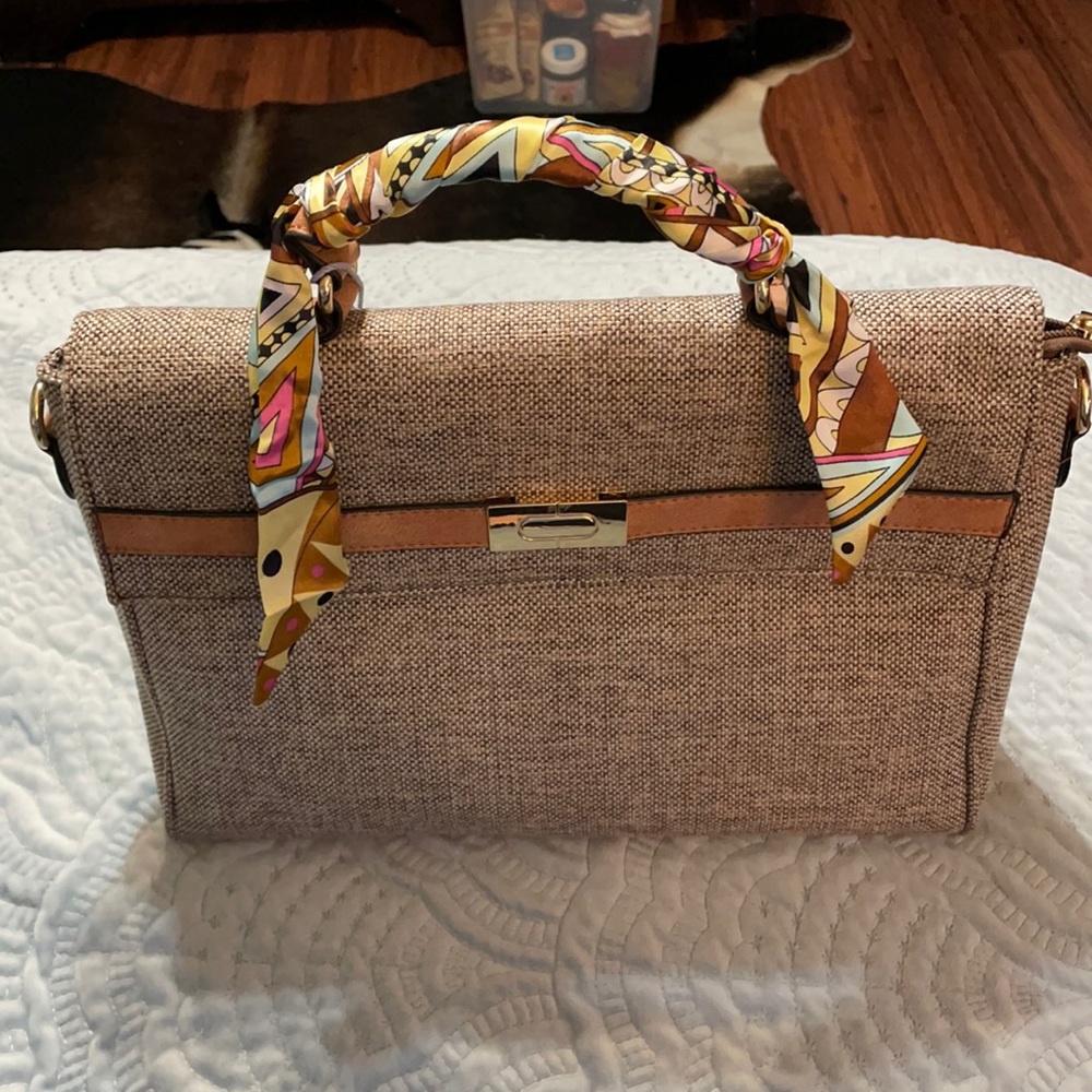 Calin vegan leather trim woven body handbag